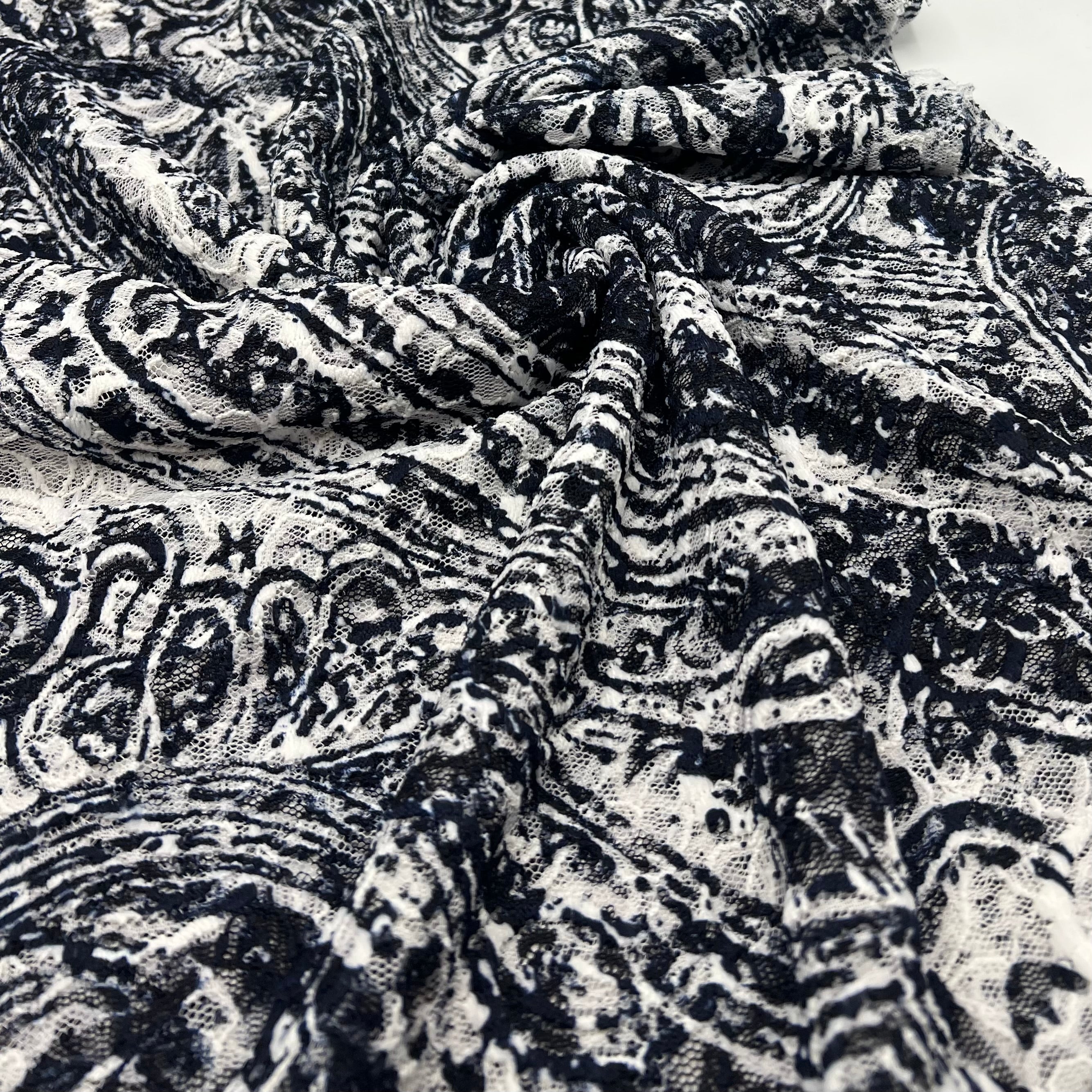 Navy Cream Vintage Paisley Lace Fabric Stretch